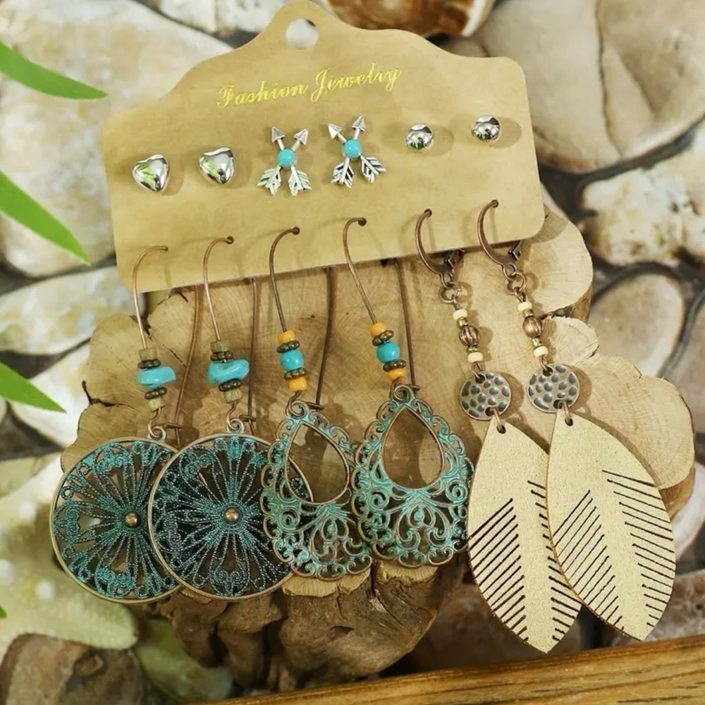 6pcs Boho Silver Stackable Rings, Vintage Style Turquoise Dangle Earrings, retro